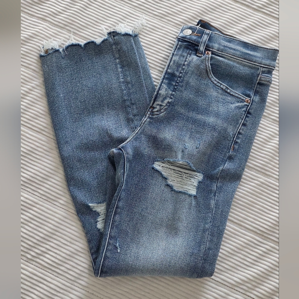 Express Distressed Medium Blue Flare Jeans - Picture 2 of 8